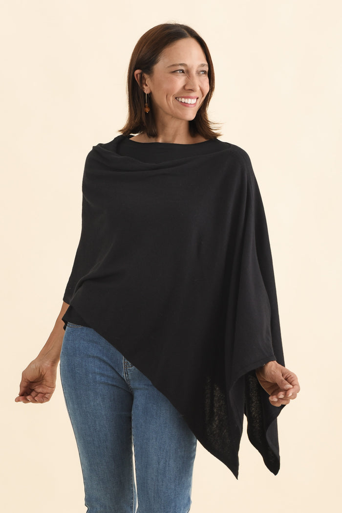 Elorie Black Cotton Cashmere Poncho