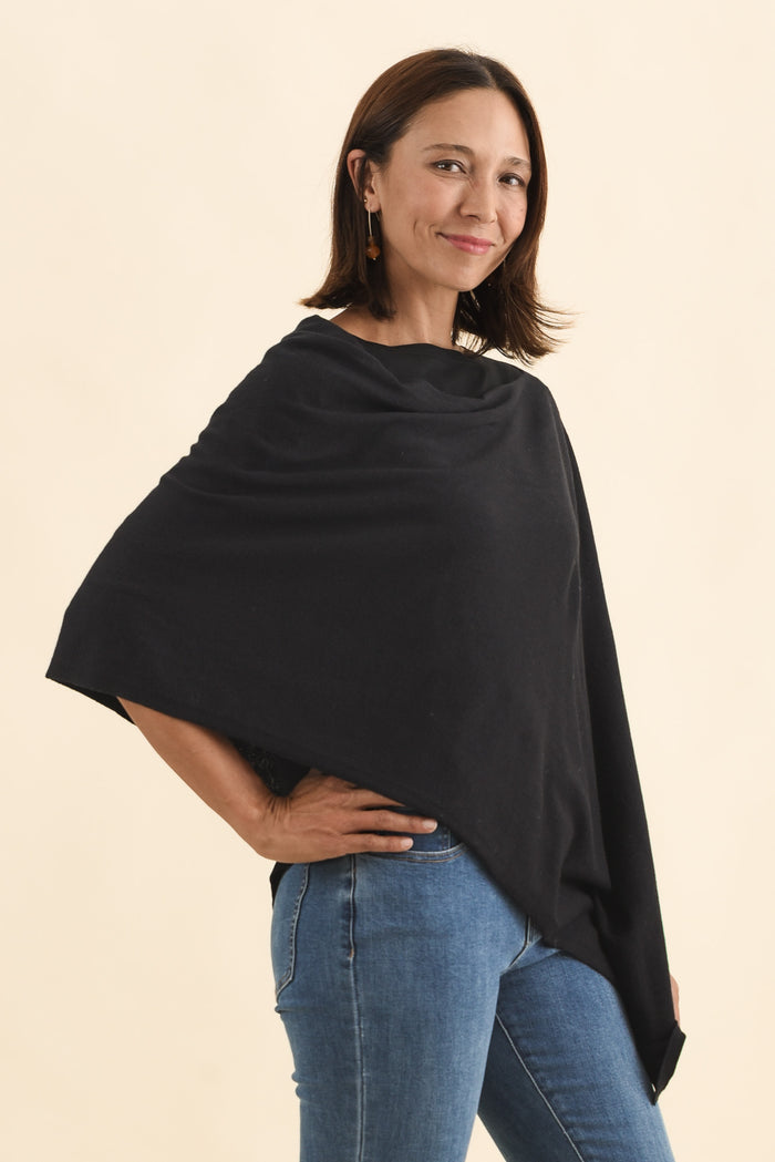 Elorie Black Cotton Cashmere Poncho