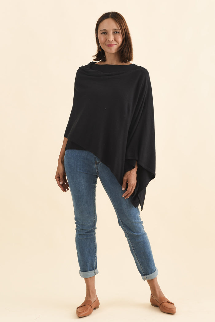 Elorie Black Cotton Cashmere Poncho