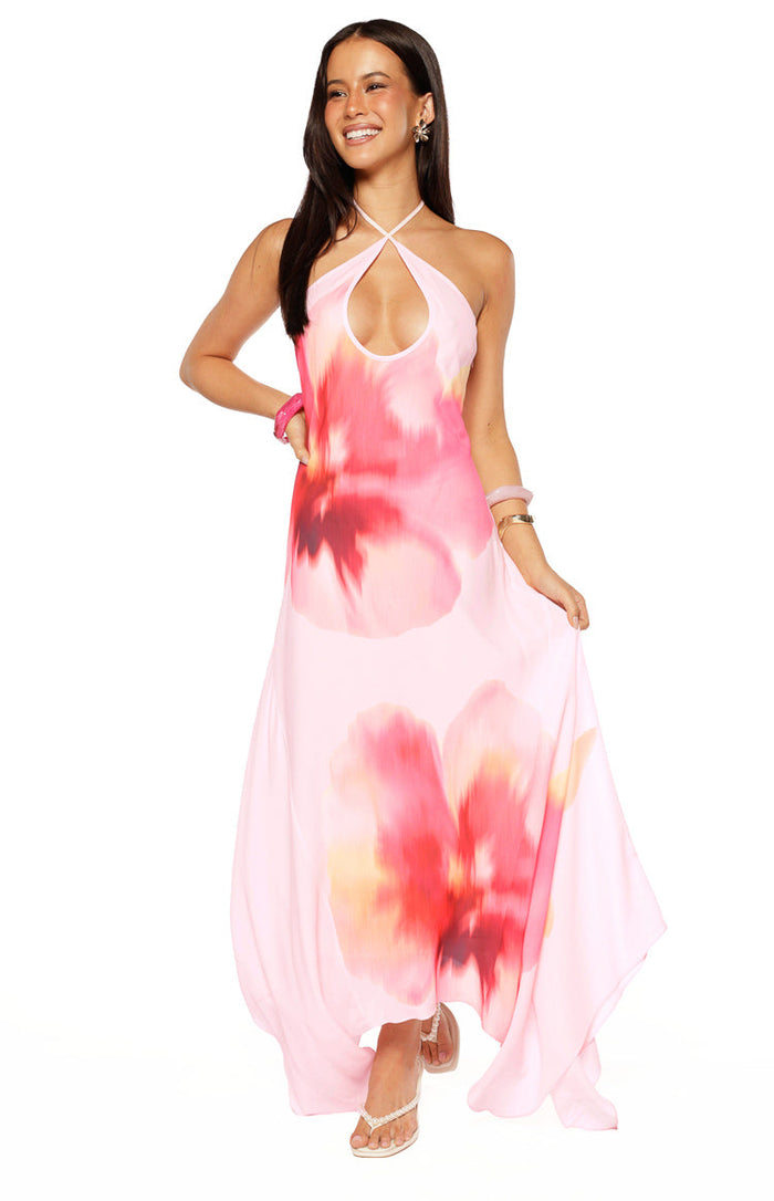 Beginning Boutique Elowen Pink Floral Halter Maxi Dress light pink maxi dress with blurred red floral print halter neck and keyhole cutout