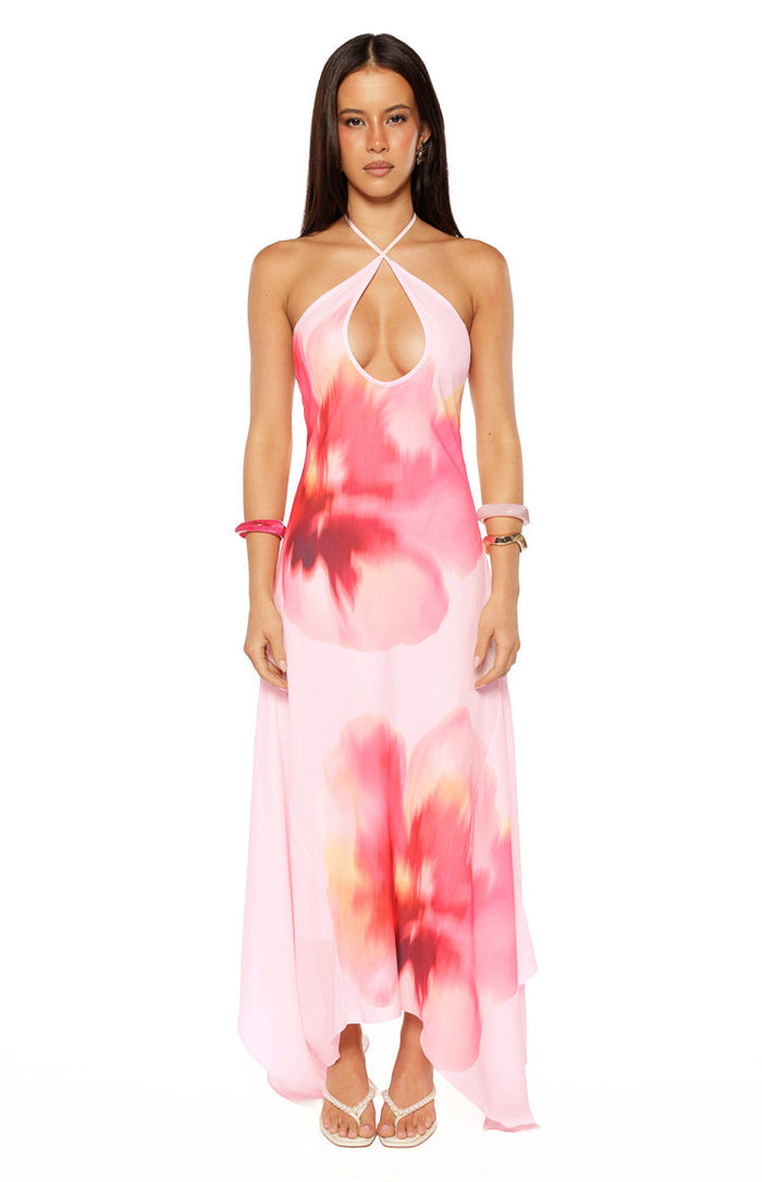 Front view of a pink floral maxi dress with a halter neckline and keyhole cutout