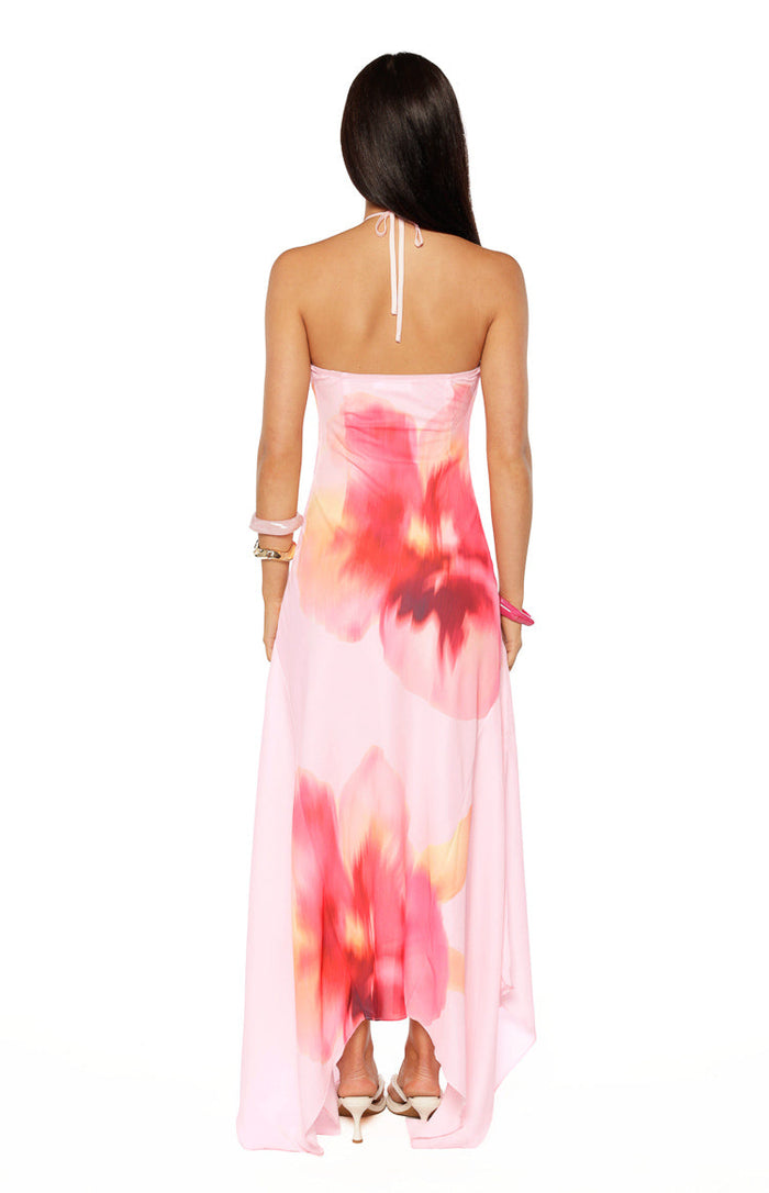 Rear view of the pink floral maxi dress showing the halter neck ties and large red and orange blooms