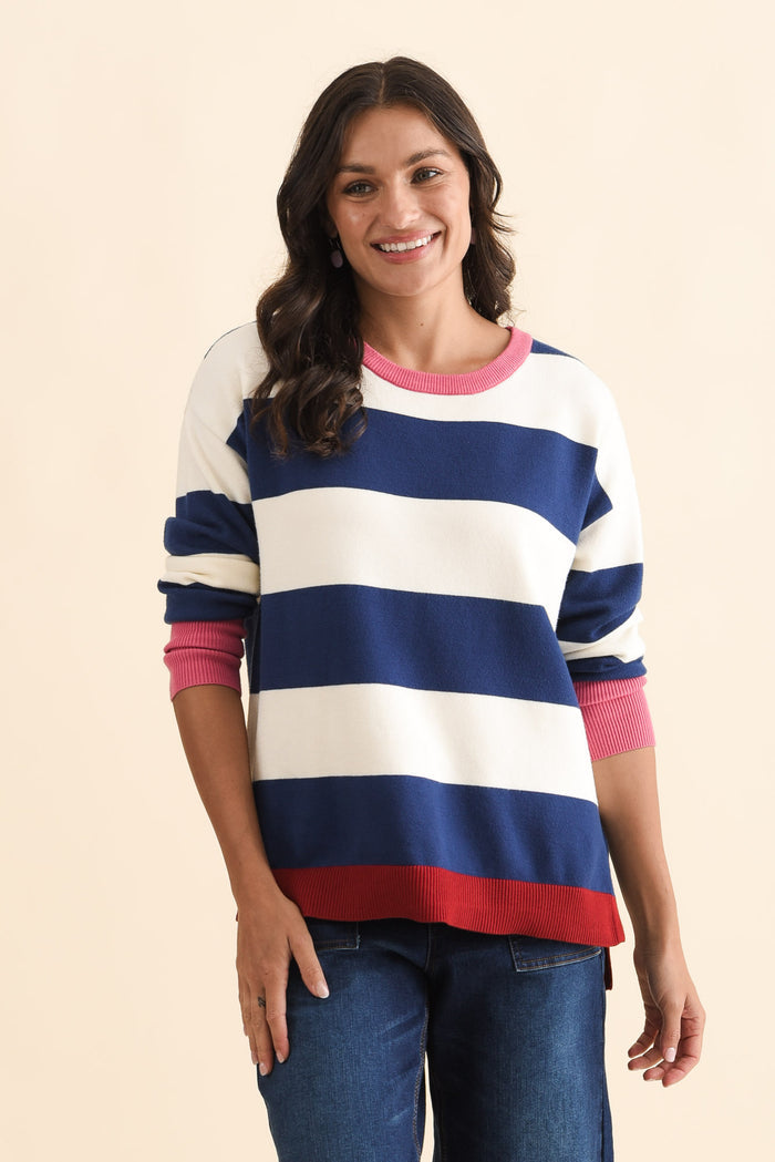 Elvie Blue Stripe Knit Jumper,Brunette model,alt text|model:Brontie