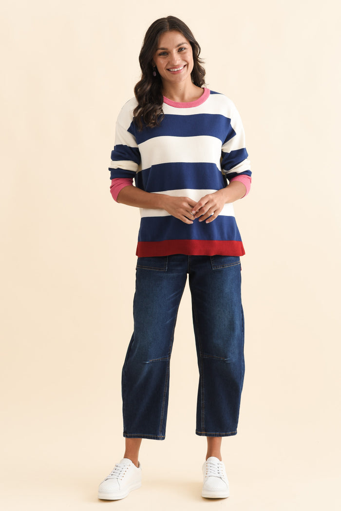 Elvie Blue Stripe Knit Jumper,Brunette model,alt text|model:Brontie
