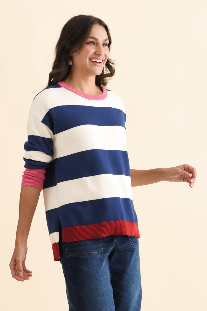 Elvie Blue Stripe Knit Jumper,Brunette model,alt text|model:Brontie