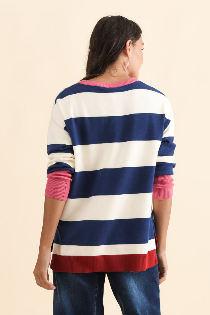 Elvie Blue Stripe Knit Jumper,Brunette model,alt text|model:Brontie