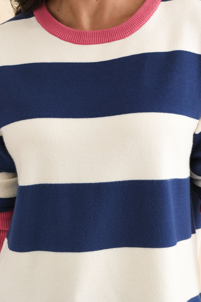 Elvie Blue Stripe Knit Jumper,Brunette model,alt text|model:Brontie
