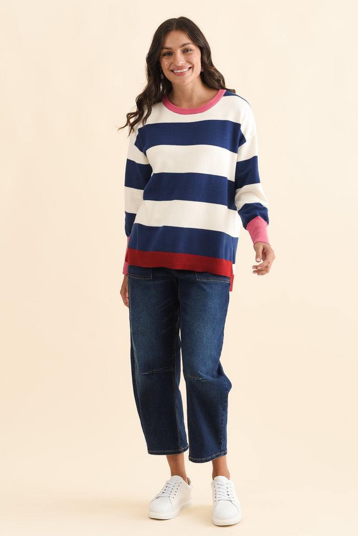 Elvie Blue Stripe Knit Jumper,Brunette model,alt text|model:Brontie