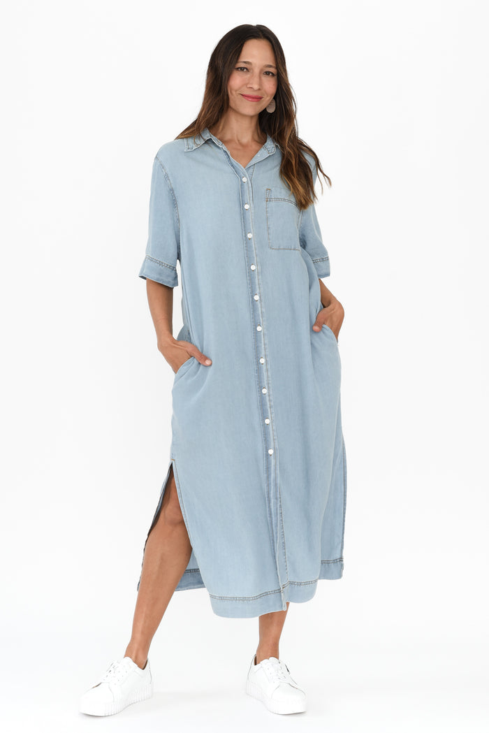 Emmy Blue Denim Shirt Dress,Brunette model,alt text|model:Cara