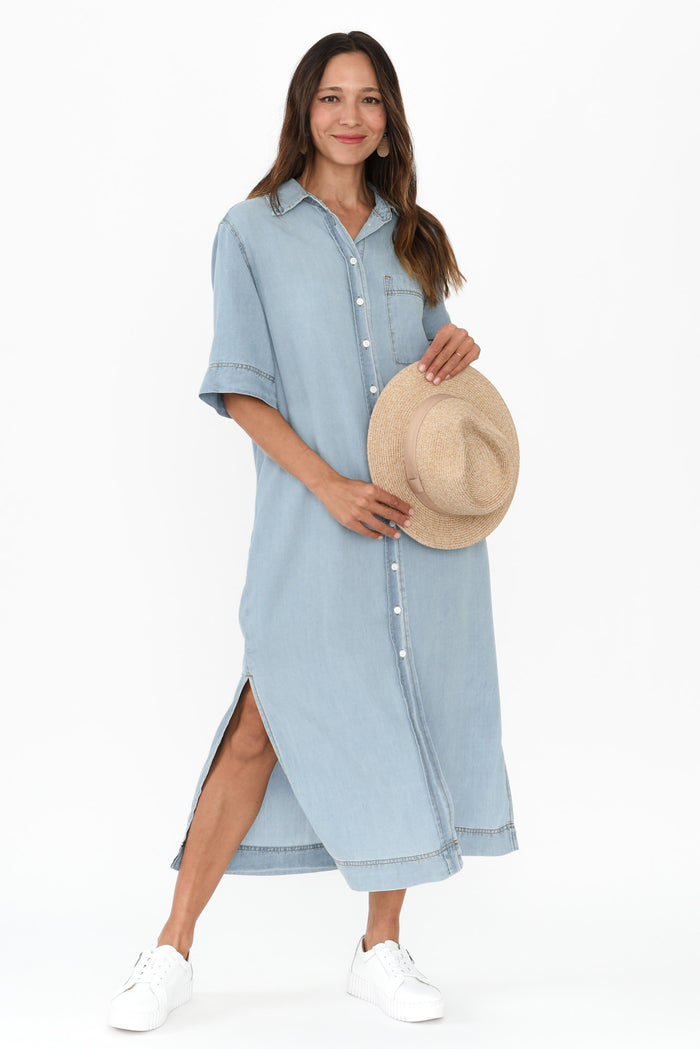 Emmy Blue Denim Shirt Dress,Brunette model,alt text|model:Cara
