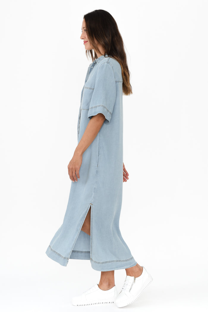 Emmy Blue Denim Shirt Dress,Brunette model,alt text|model:Cara