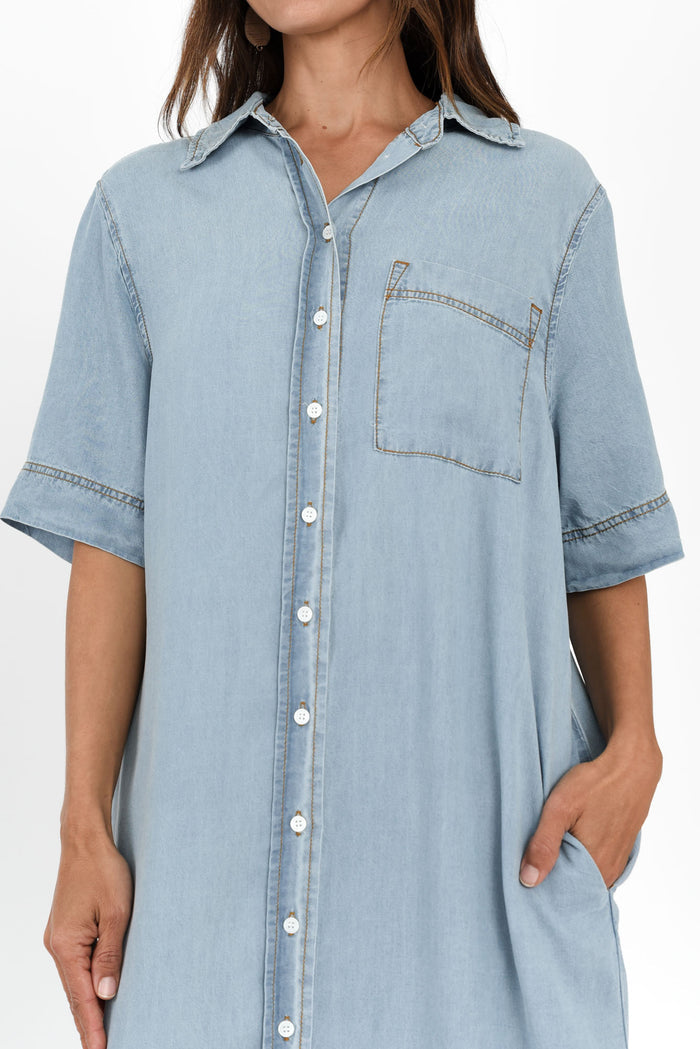 Emmy Blue Denim Shirt Dress,Brunette model,alt text|model:Cara