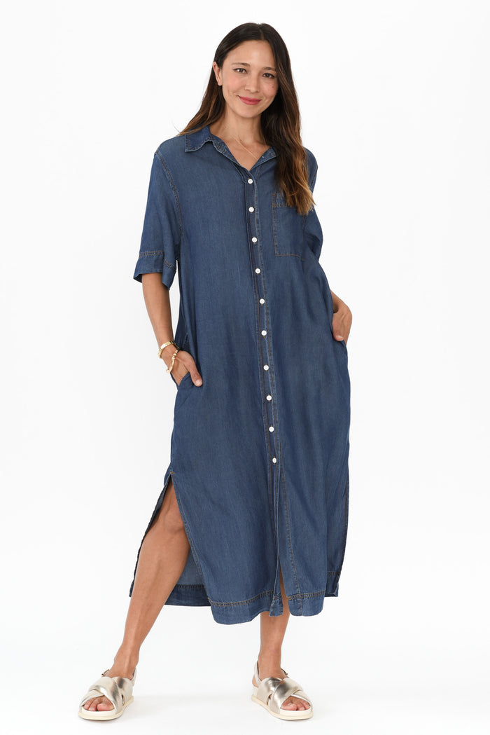Emmy Dark Blue Denim Shirt Dress,Brunette model,alt text|model:Cara