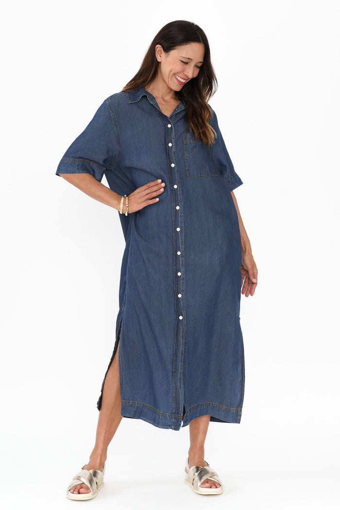 Emmy Dark Blue Denim Shirt Dress,Brunette model,alt text|model:Cara