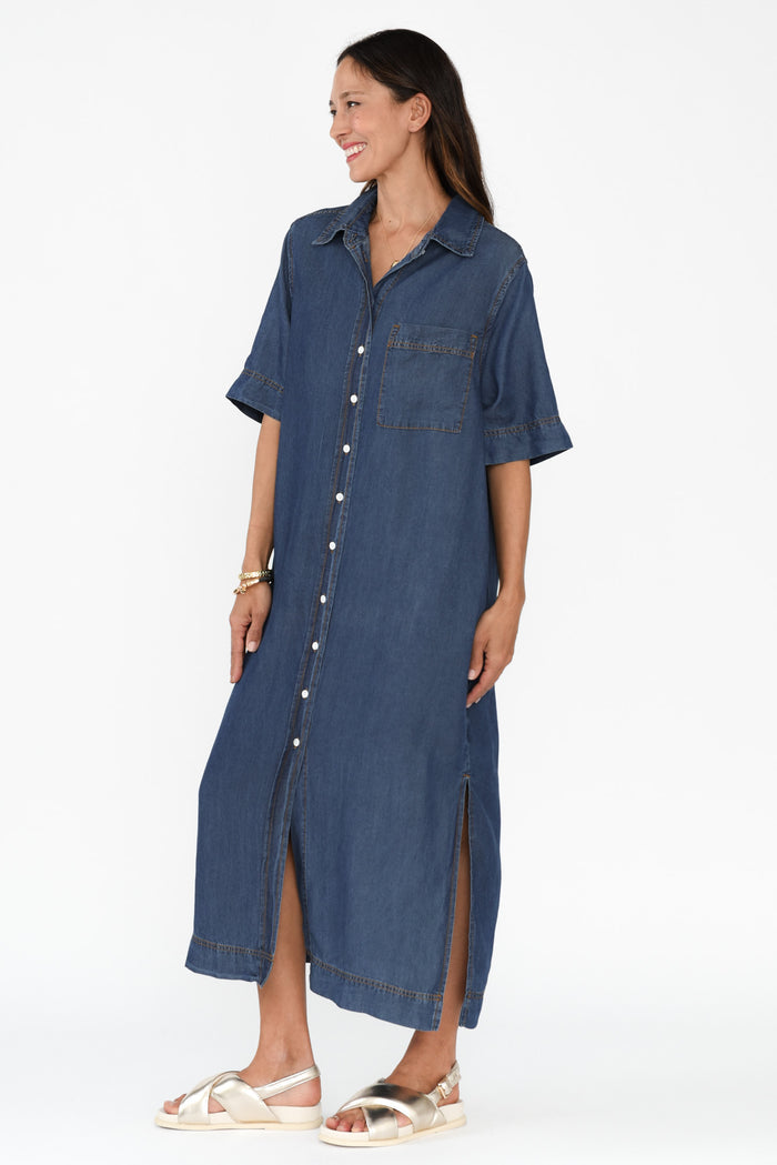 Emmy Dark Blue Denim Shirt Dress,Brunette model,alt text|model:Cara
