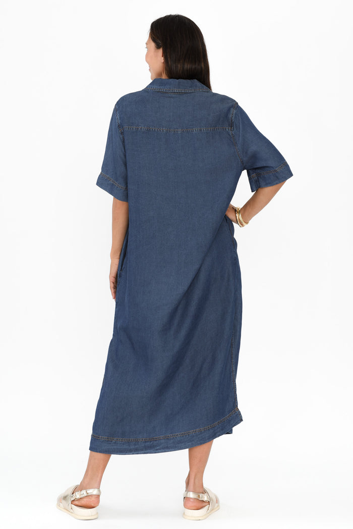 Emmy Dark Blue Denim Shirt Dress,Brunette model,alt text|model:Cara