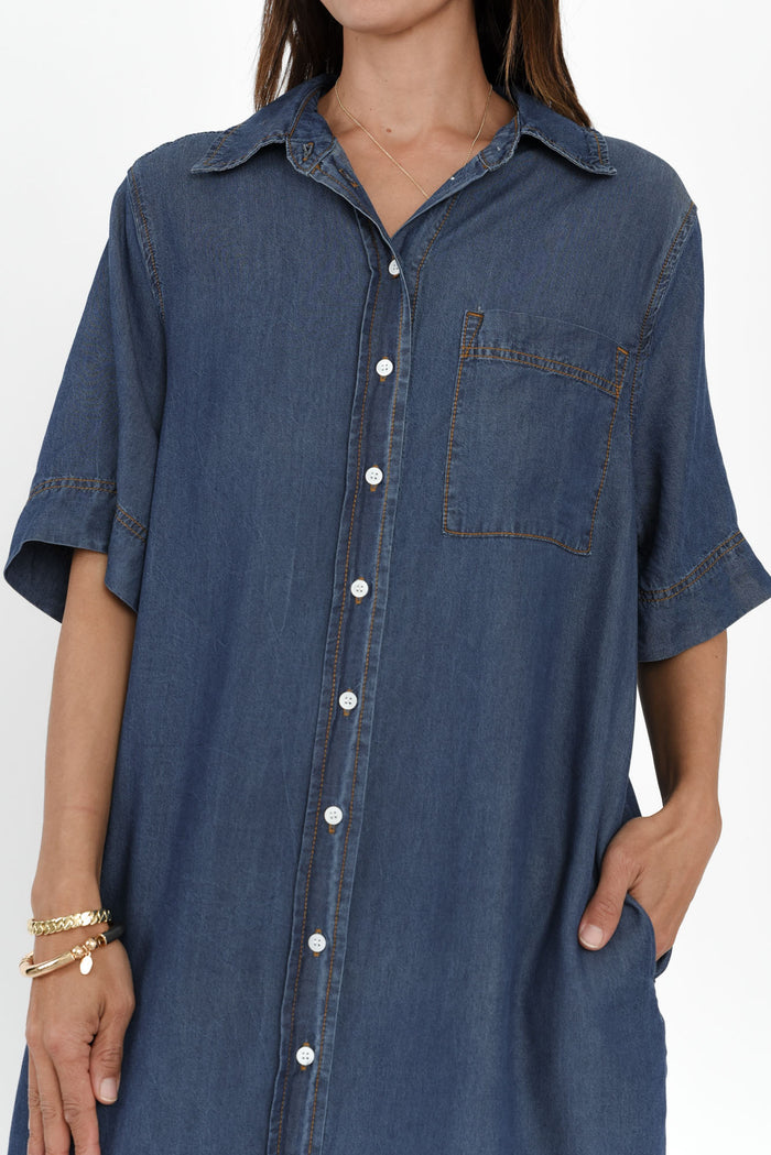 Emmy Dark Blue Denim Shirt Dress,Brunette model,alt text|model:Cara