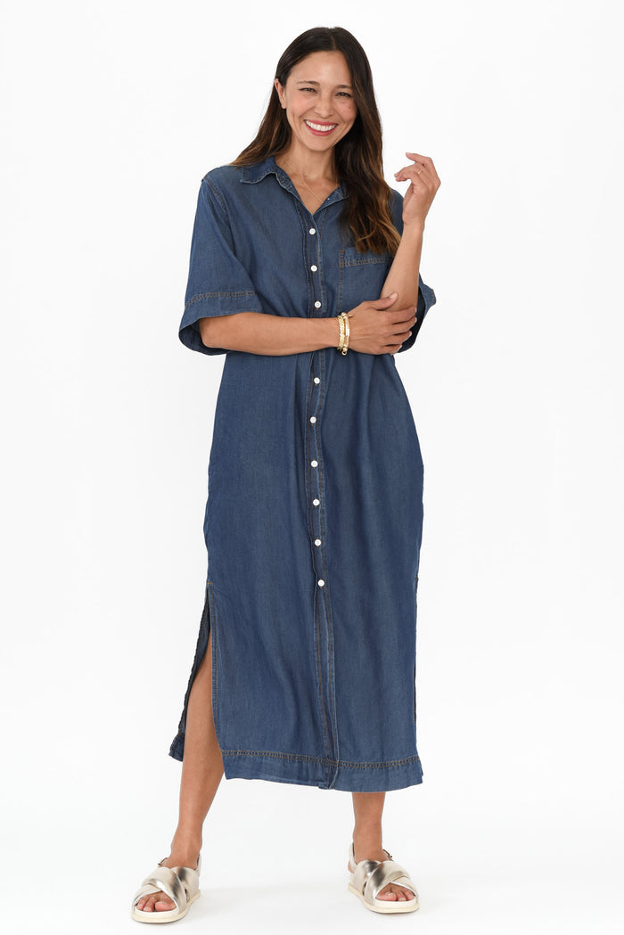 Emmy Dark Blue Denim Shirt Dress,Brunette model,alt text|model:Cara