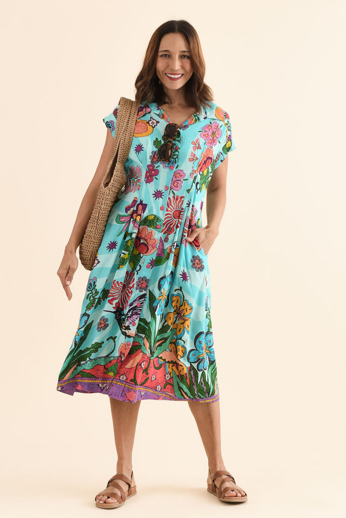 Emoha Blue Floral Tie Dress,Front,Brunette model,alt text|model:Cara