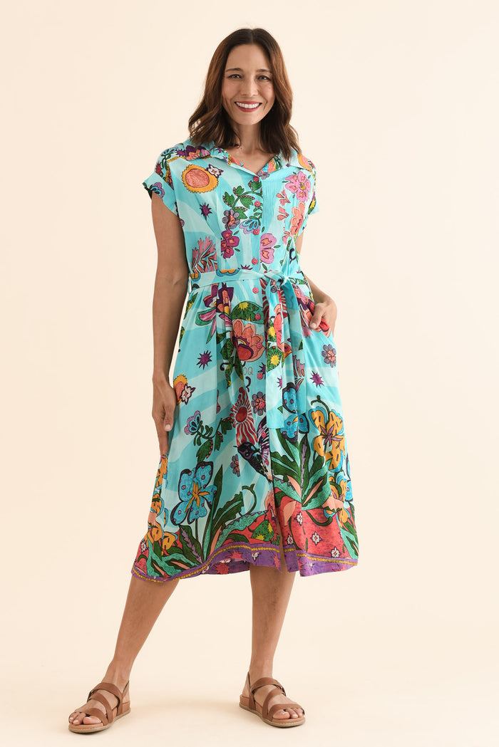 Emoha Blue Floral Tie Dress,Full Body,Brunette model,alt text|model:Cara