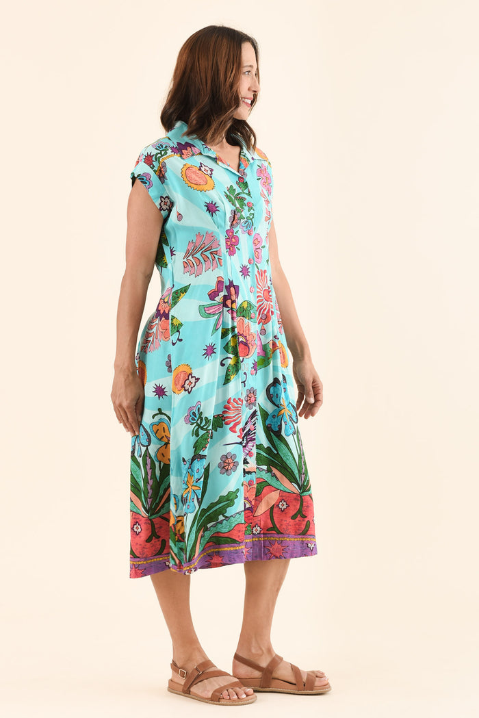 Emoha Blue Floral Tie Dress,Side,Brunette model,alt text|model:Cara