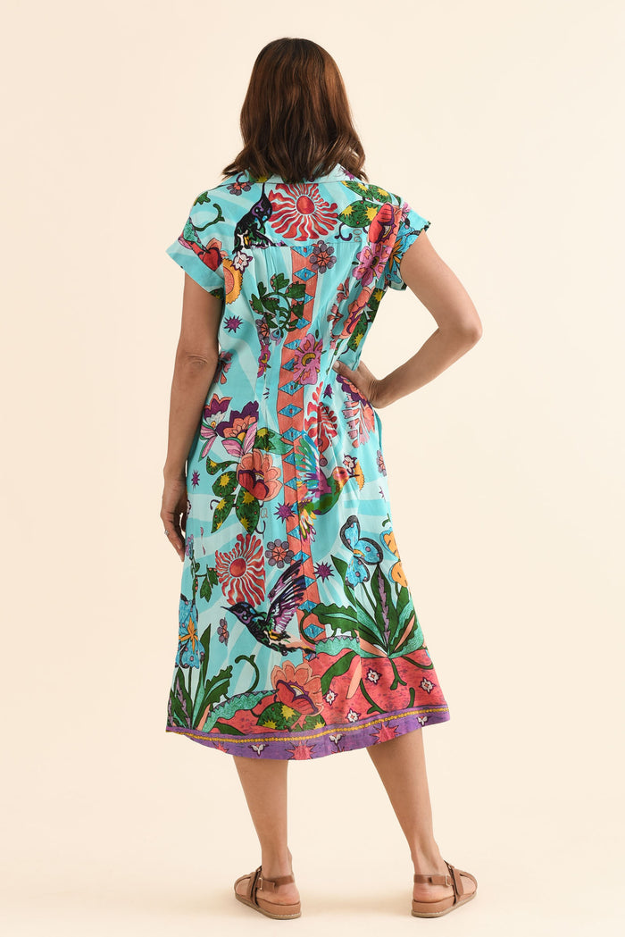 Emoha Blue Floral Tie Dress,Back,Brunette model,alt text|model:Cara