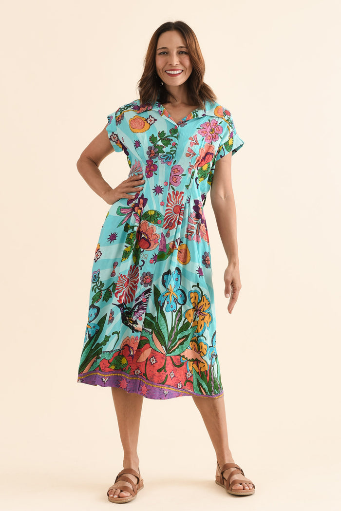 Emoha Blue Floral Tie Dress,Full Body,Brunette model,alt text|model:Cara