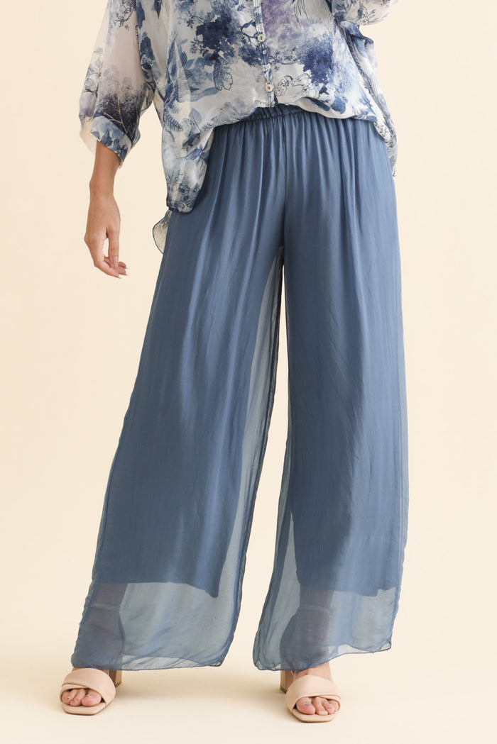 Enid Blue Silk Pants,Brunette model,alt text|model:MJ