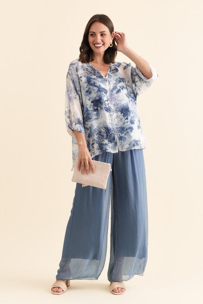 Enid Blue Silk Pants,Brunette model,alt text|model:MJ