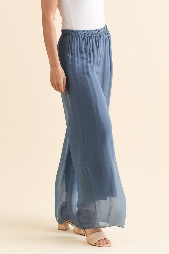 Enid Blue Silk Pants,Brunette model,alt text|model:MJ