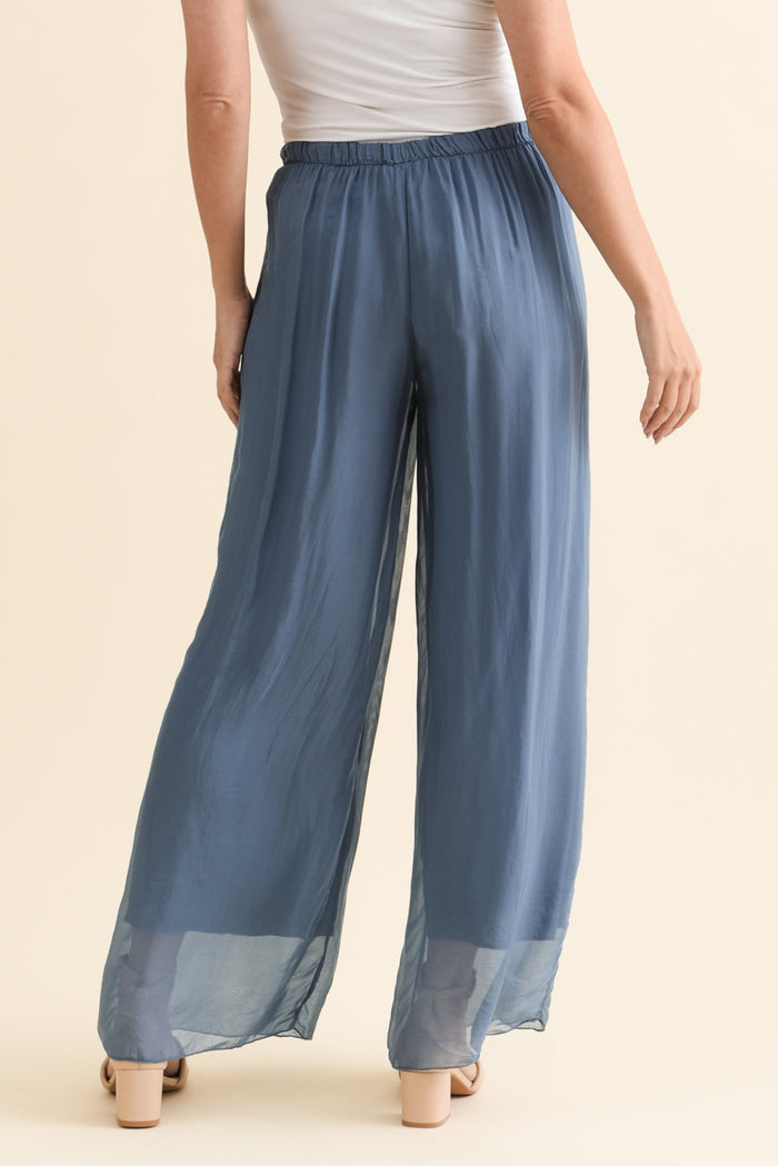 Enid Blue Silk Pants,Brunette model,alt text|model:MJ