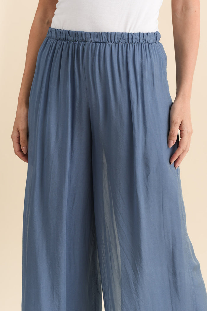 Enid Blue Silk Pants,Brunette model,alt text|model:MJ