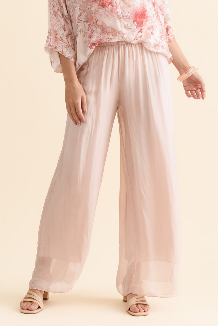 Enid Blush Silk Pants,Brunette model,alt text|model:MJ