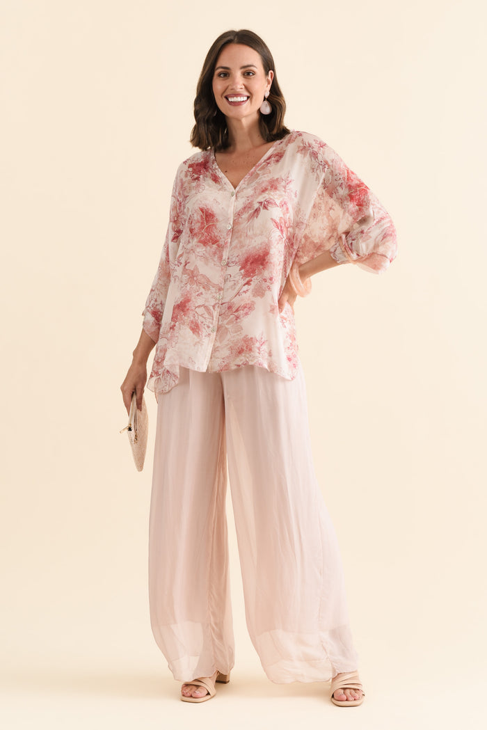 Enid Blush Silk Pants,Brunette model,alt text|model:MJ