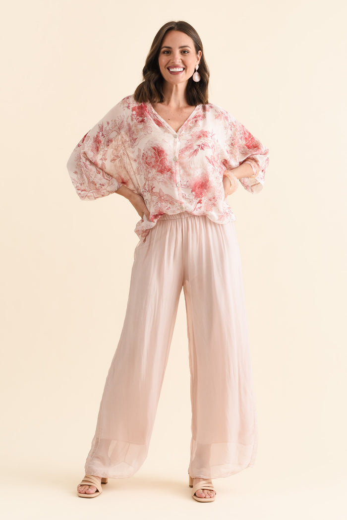 Enid Blush Silk Pants,Brunette model,alt text|model:MJ