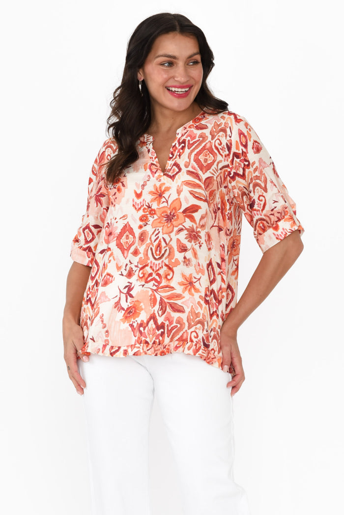 Ennis Orange Floral Frill Top,Brunette model,alt text|model:Brontie