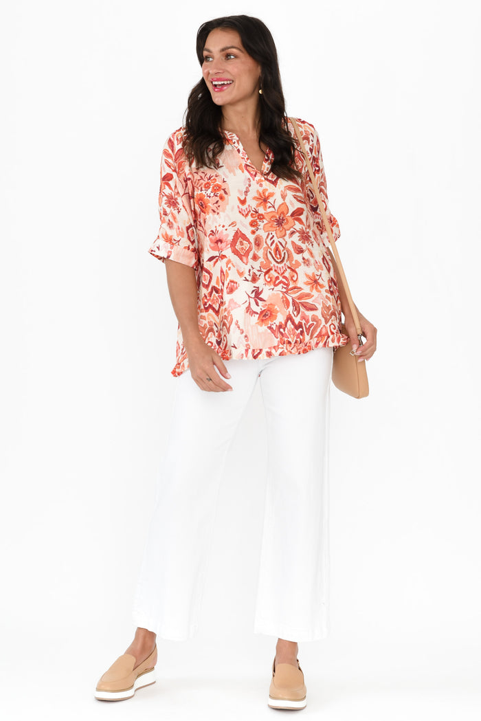 Ennis Orange Floral Frill Top,Brunette model,alt text|model:Brontie