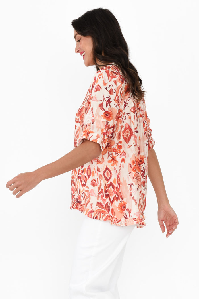 Ennis Orange Floral Frill Top,Brunette model,alt text|model:Brontie
