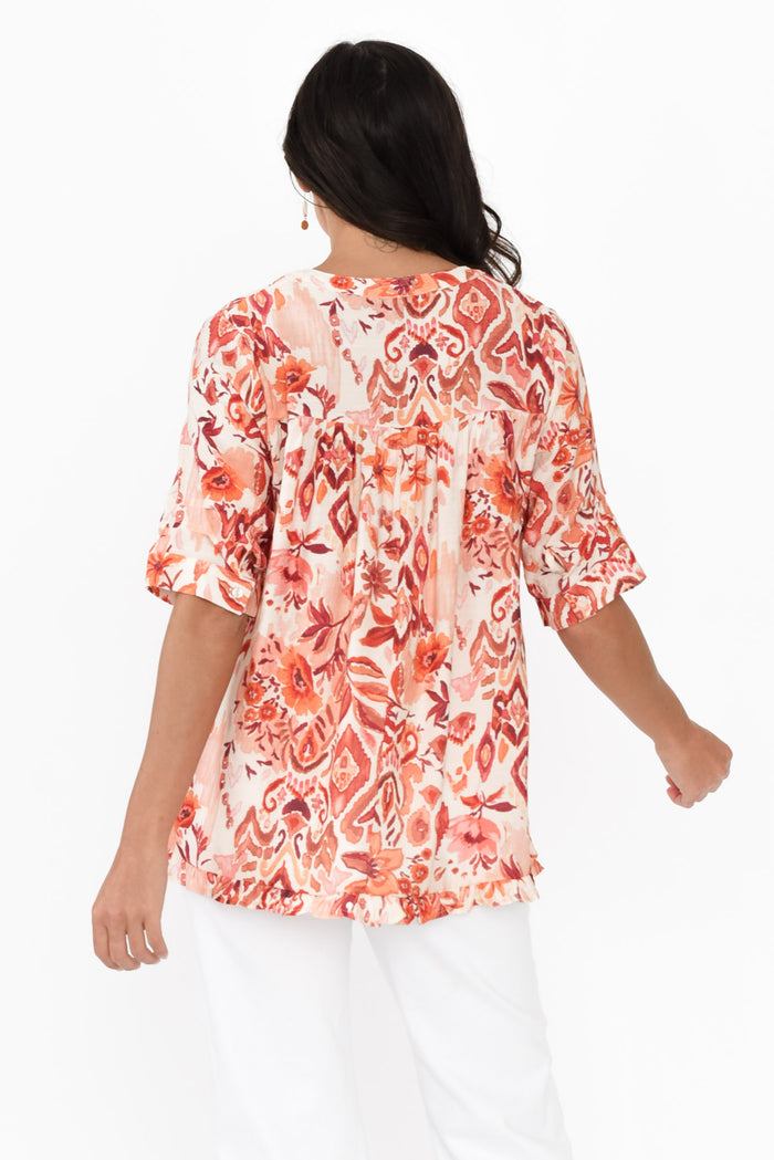 Ennis Orange Floral Frill Top,Brunette model,alt text|model:Brontie