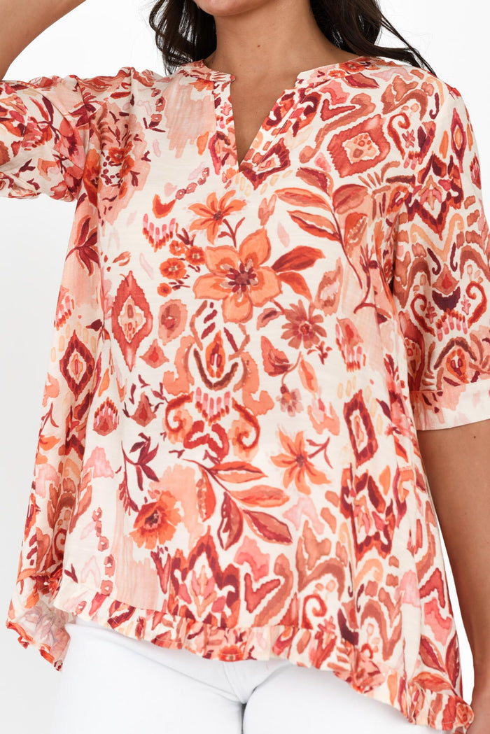 Ennis Orange Floral Frill Top,Brunette model,alt text|model:Brontie