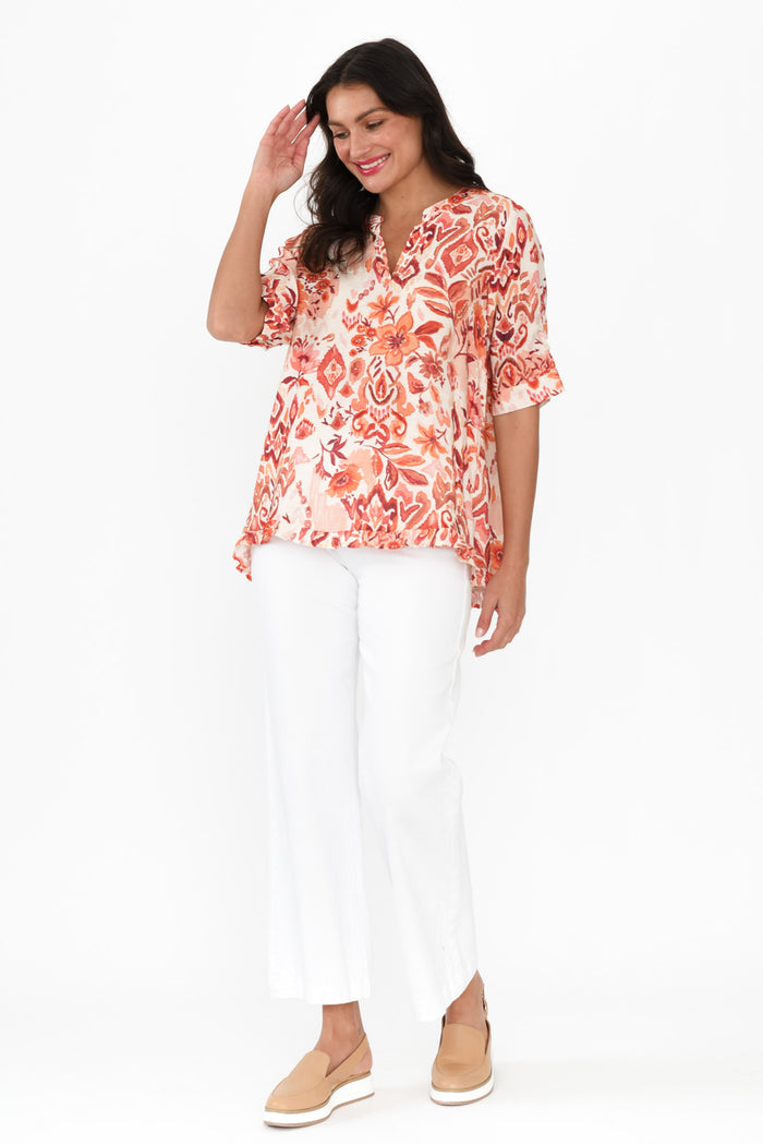 Ennis Orange Floral Frill Top,Brunette model,alt text|model:Brontie