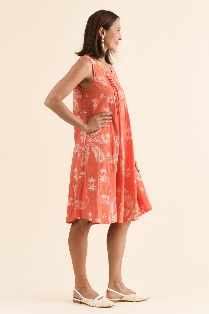 Enya Peach Flower Cotton Dress,Side,Brunette model,alt text|model:Cara