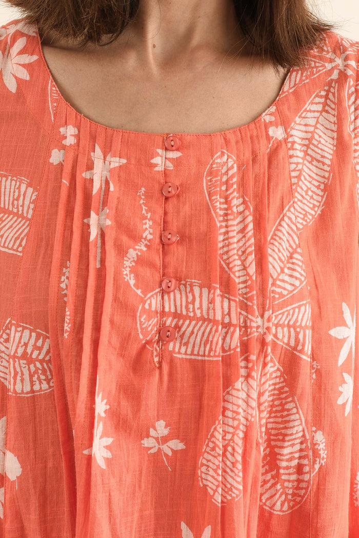 Enya Peach Flower Cotton Dress,Detail,Brunette model,alt text|model:Cara