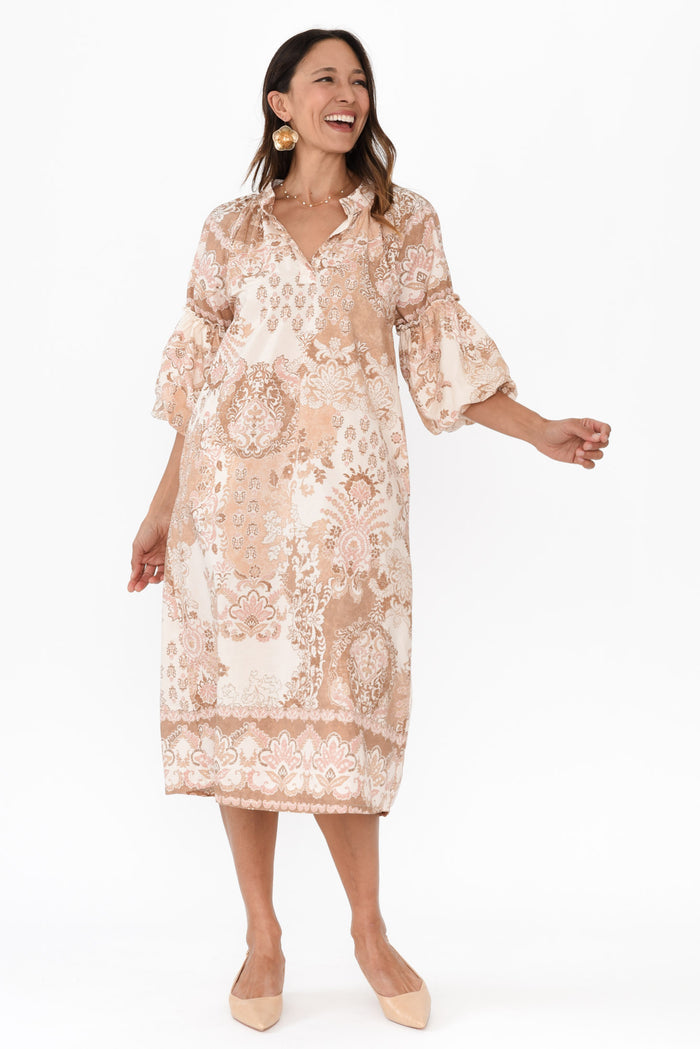 Erica Natural Abstract Cotton Tie Dress,Brunette model,alt text|model:Cara