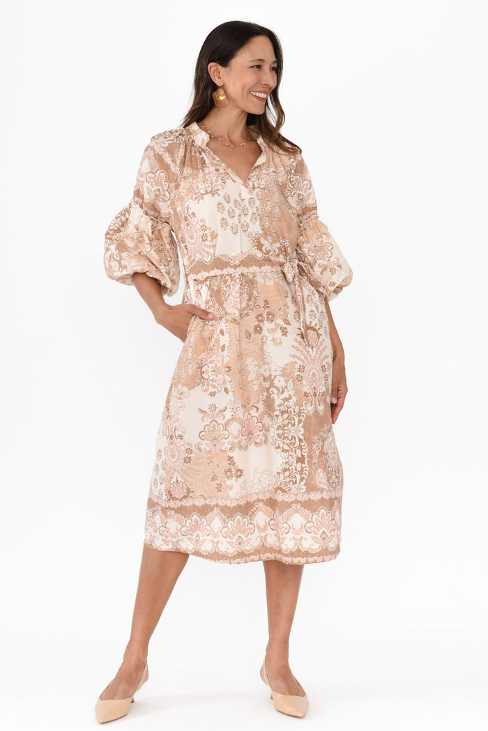 Erica Natural Abstract Cotton Tie Dress,Brunette model,alt text|model:Cara