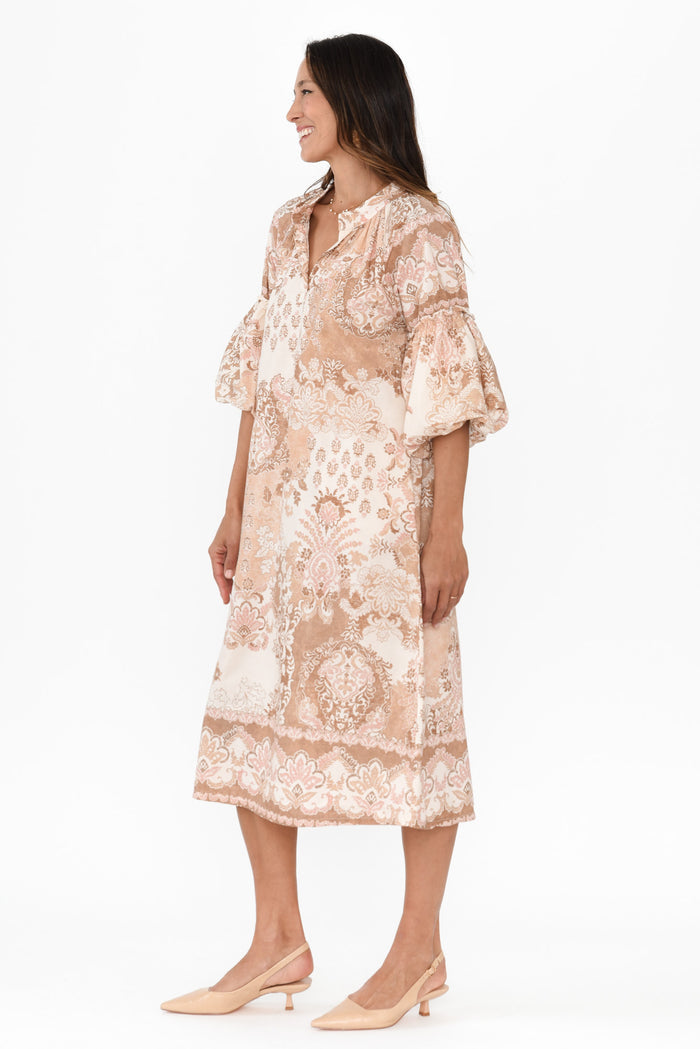 Erica Natural Abstract Cotton Tie Dress,Brunette model,alt text|model:Cara