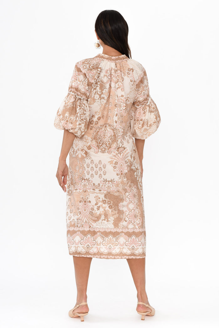 Erica Natural Abstract Cotton Tie Dress,Brunette model,alt text|model:Cara