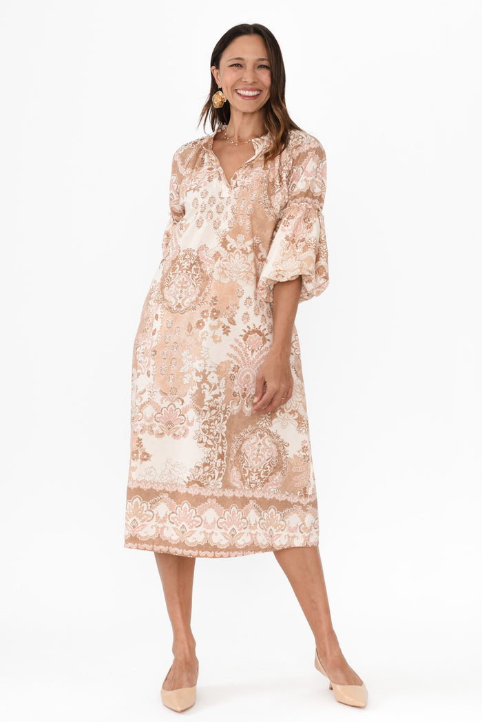 Erica Natural Abstract Cotton Tie Dress,Brunette model,alt text|model:Cara