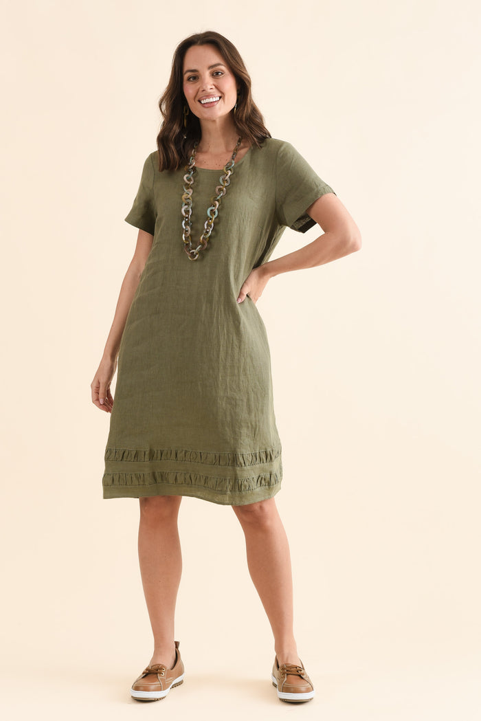 Erikson Olive Linen Pocket Dress,Front,Brunette model,alt text|model:MJ