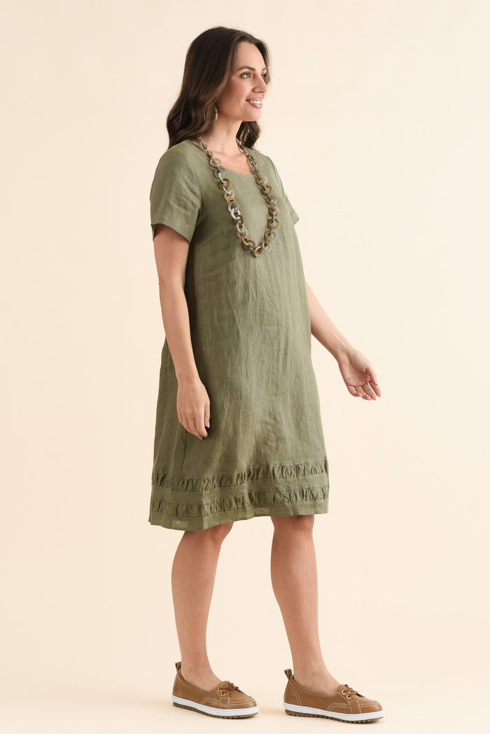Erikson Olive Linen Pocket Dress,Side,Brunette model,alt text|model:MJ